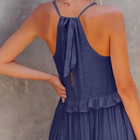 Navy Ruffled Sleeveless Tiered Maxi Dress with Pockets - Picture 4 of 11
